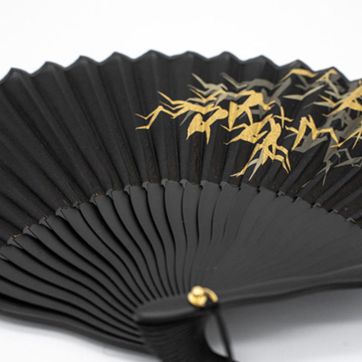 Buddha Stones Black Bamboo Leaf Print Silk Handheld Bamboo Folding Fan