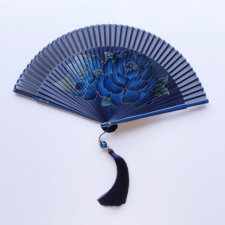 Buddha Stones Peony Flowers Silk Handheld Bamboo Folding Fan