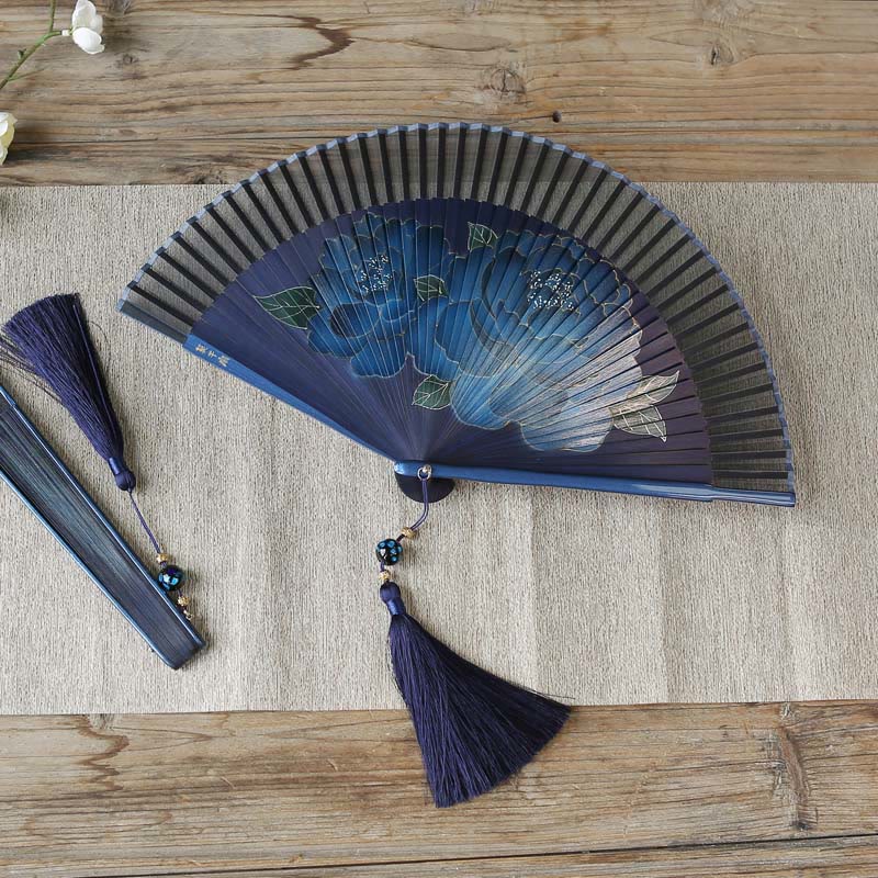 Buddha Stones Peony Flowers Silk Handheld Bamboo Folding Fan