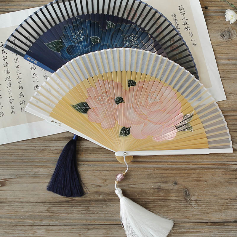 Buddha Stones Peony Flowers Silk Handheld Bamboo Folding Fan