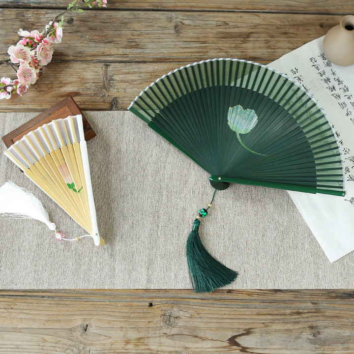 Buddha Stones Peony Flowers Silk Handheld Bamboo Folding Fan