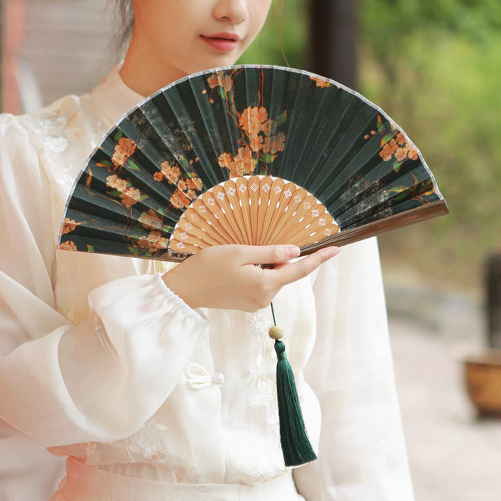 Buddha Stones Flower Persimmon Bamboo Leaves Xiangyunsha Silk Handheld Bamboo Folding Fan - image 1