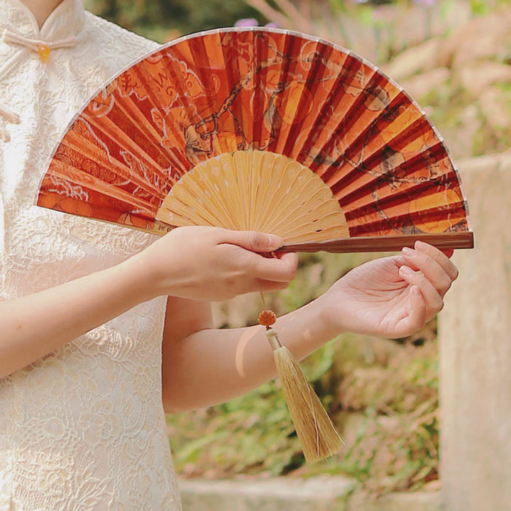 Buddha Stones Flower Persimmon Bamboo Leaves Xiangyunsha Silk Handheld Bamboo Folding Fan