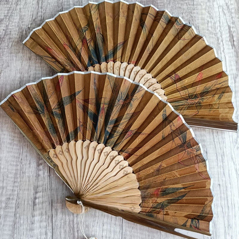 Buddha Stones Flower Persimmon Bamboo Leaves Xiangyunsha Silk Handheld Bamboo Folding Fan