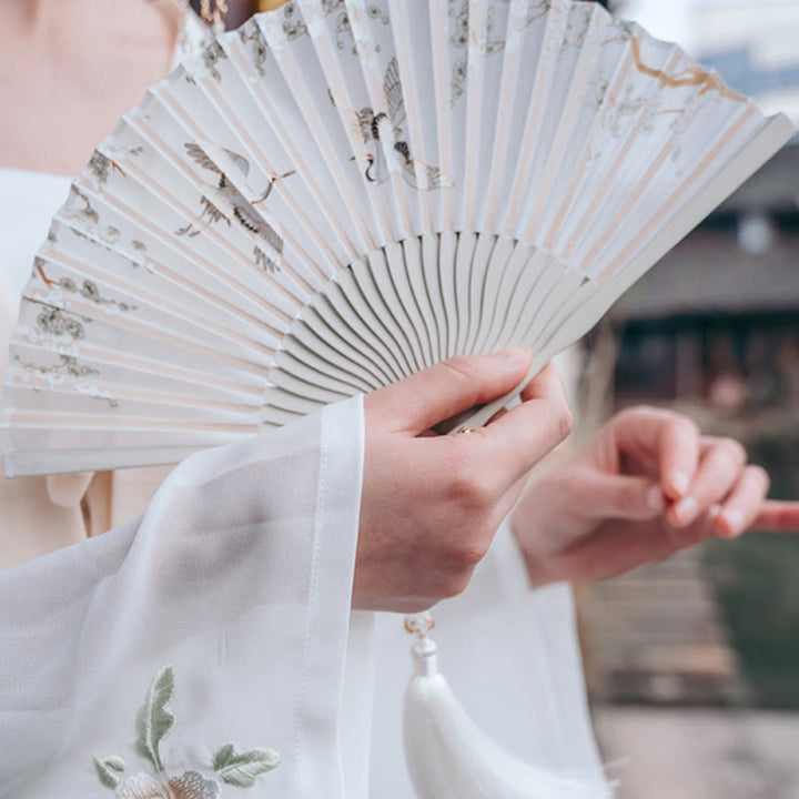 Buddha Stones Crane Plum Blossom Handheld Silk Bamboo Folding Fan