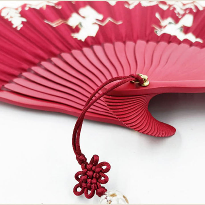 Buddha Stones Crane Plum Blossom Handheld Silk Bamboo Folding Fan