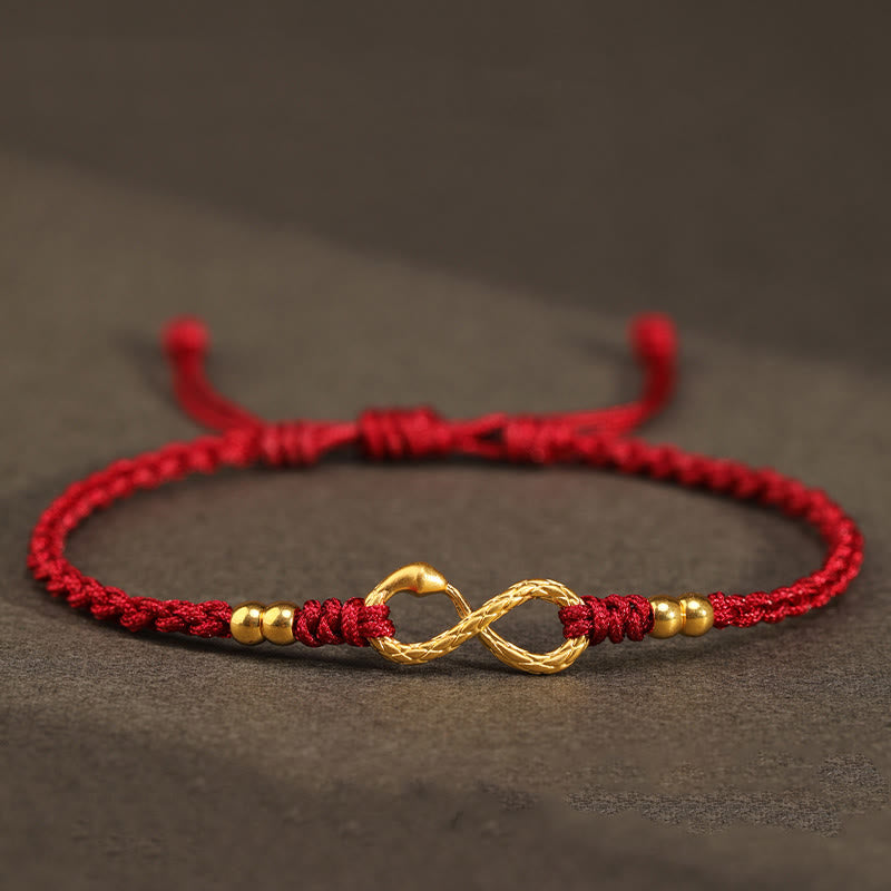 Buddha Stones 999 Gold Year of the Snake Eternal Endless Knot Infinity Handmade Luck Bracelet - 999 Gold Mini Four Bead Snake - Dark Red(Wrist Circumference 14-18cm) - image 9