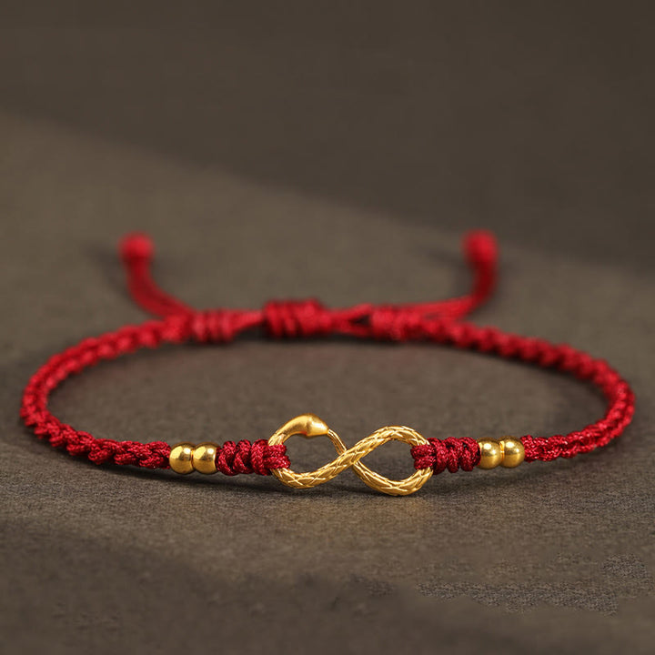 Buddha Stones 999 Gold Year of the Snake Eternal Endless Knot Infinity Handmade Luck Bracelet - 999 Gold Mini Four Bead Snake - Dark Red(Wrist Circumference 14-18cm) - image 9