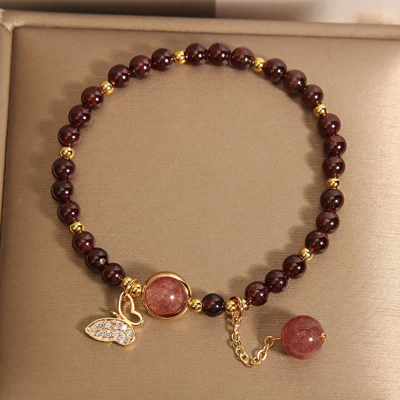 Buddha Stones Natural Garnet Strawberry Quartz Butterfly Protection Bracelet