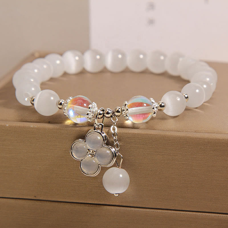 Buddha Stones Cat's Eye Crystal Lucky Four Leaf Clover Charm Love Bracelet