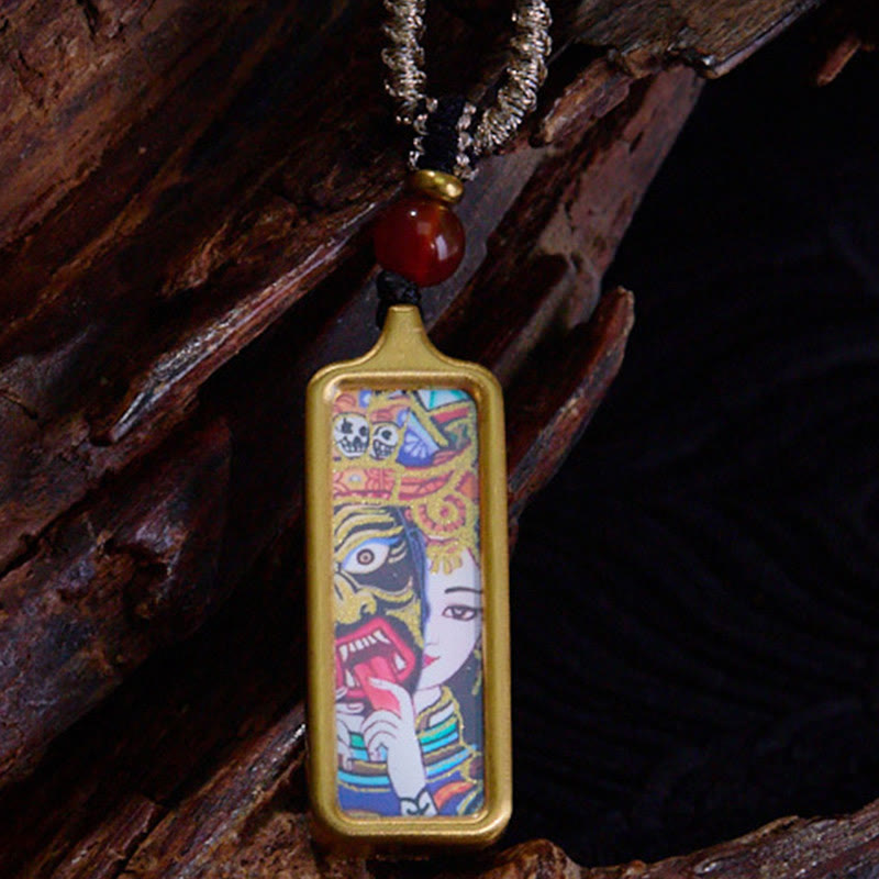 Buddha Stones Tibet Zakiram Yellow God of Wealth Nine-Tailed Fox Hand-Painted Thangka Calm Necklace Pendant