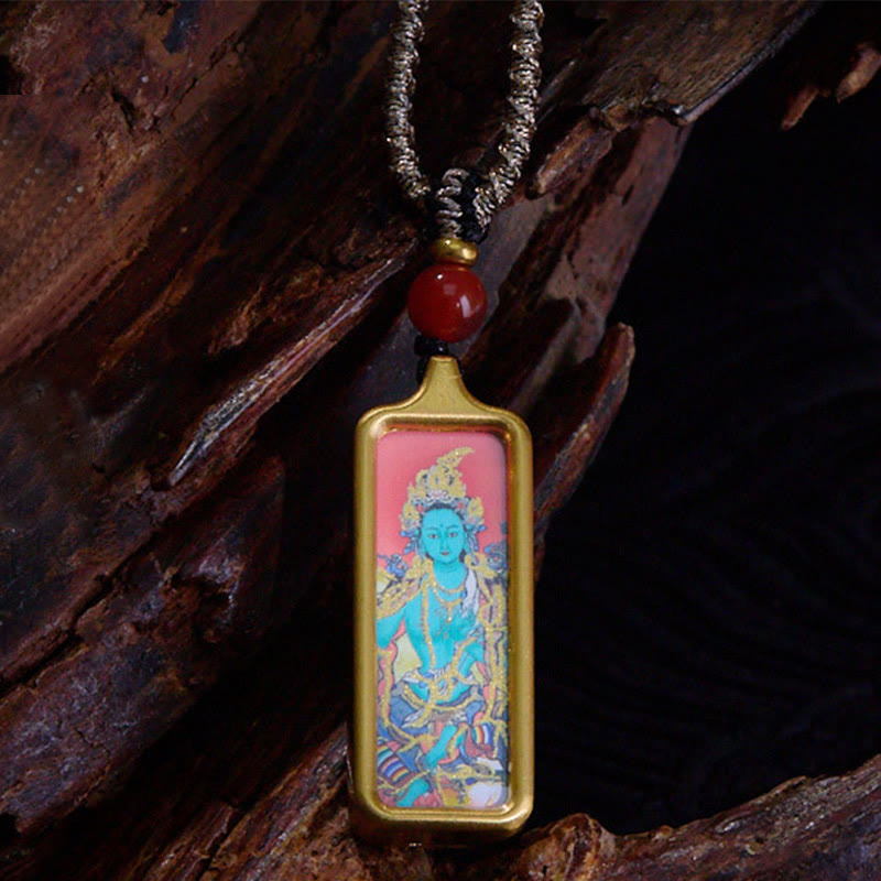 Buddha Stones Tibet Zakiram Yellow God of Wealth Nine-Tailed Fox Hand-Painted Thangka Calm Necklace Pendant