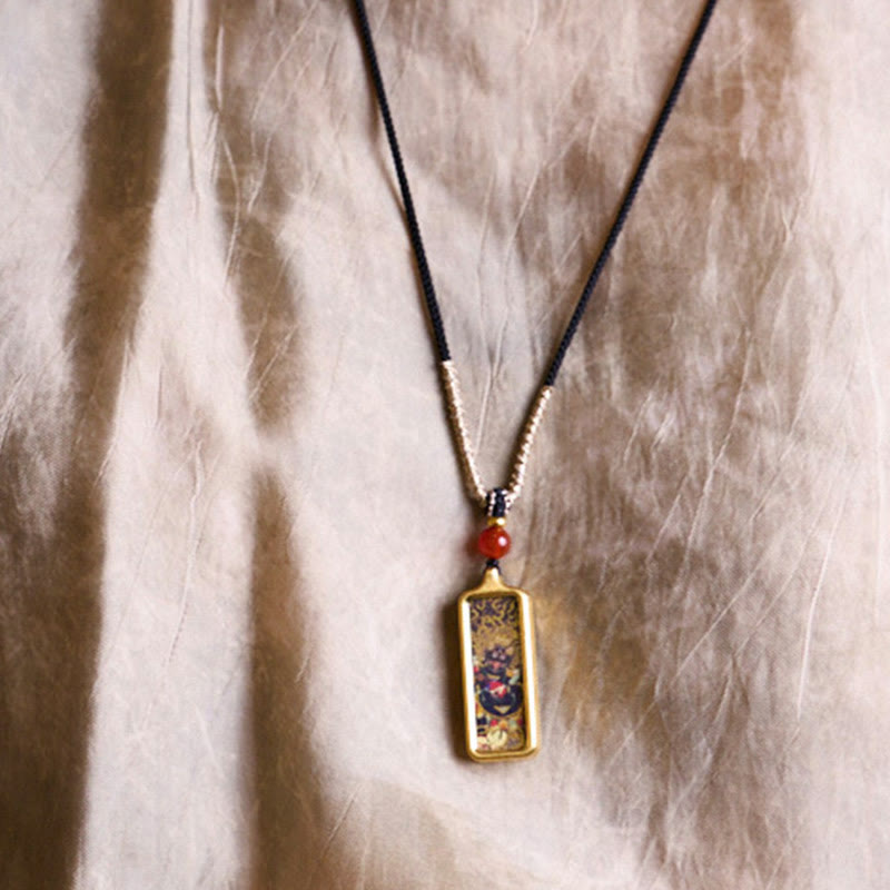 Buddha Stones Tibet Zakiram Yellow God of Wealth Nine Tailed Fox Hand-Painted Thangka Calm Necklace Pendant - image 7