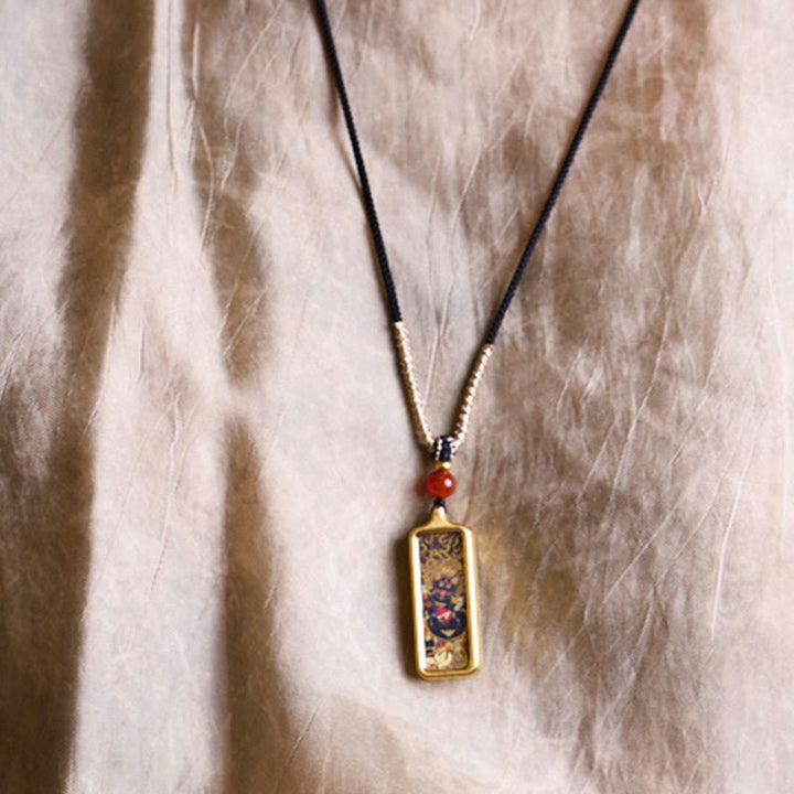 Buddha Stones Tibet Zakiram Yellow God of Wealth Nine Tailed Fox Hand-Painted Thangka Calm Necklace Pendant - image 7