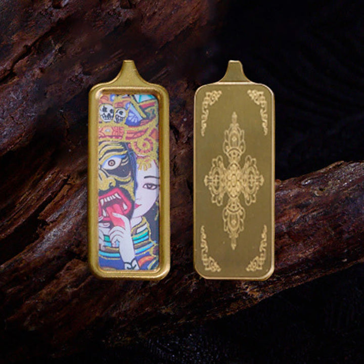Buddha Stones Tibet Zakiram Yellow God of Wealth Nine Tailed Fox Hand-Painted Thangka Calm Necklace Pendant