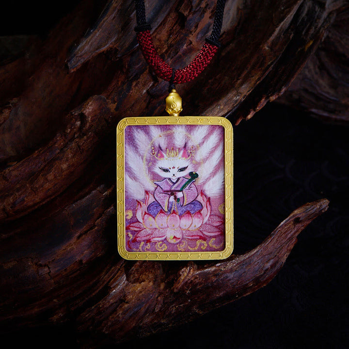 Buddha Stones Tibetan Zakiram Nine-Tailed Fox Yellow God of Wealth Painted Thangka Hope Necklace Pendant