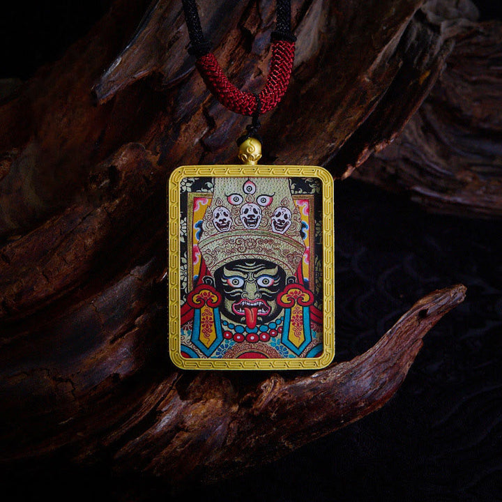 Buddha Stones Tibetan Zakiram Nine Tailed Fox Yellow God of Wealth Painted Thangka Hope Necklace Pendant