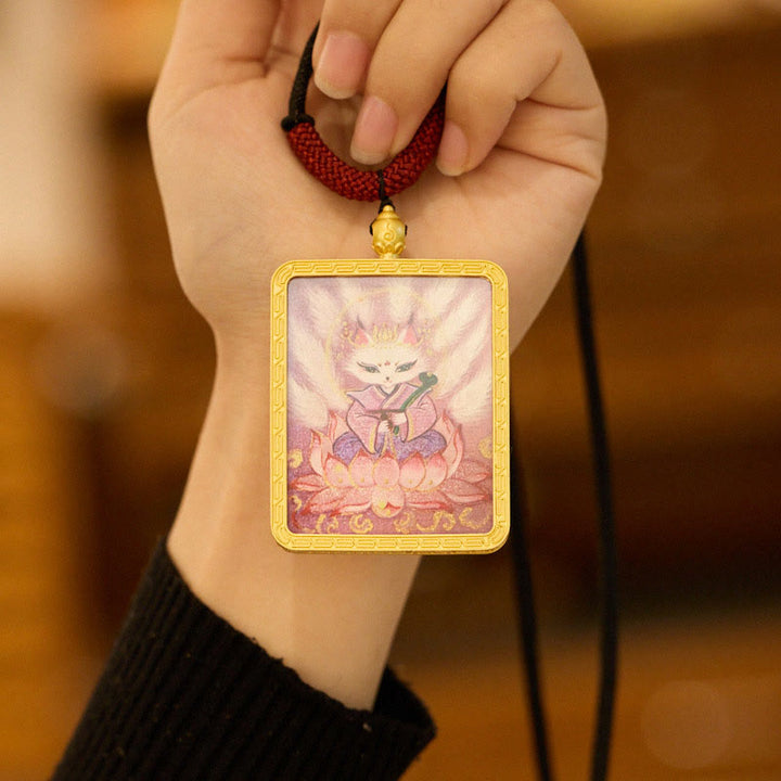 Buddha Stones Tibetan Zakiram Nine Tailed Fox Yellow God of Wealth Painted Thangka Hope Necklace Pendant
