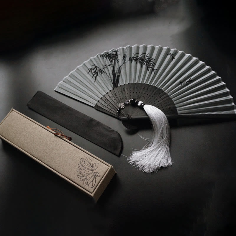 Buddha Stones Ink Bamboo Polyester Handheld Bamboo Folding Fan - Ink Bamboo 21cm-With Tassel&Brocade Box&Fan Cover (Pre-Sale) - image 9