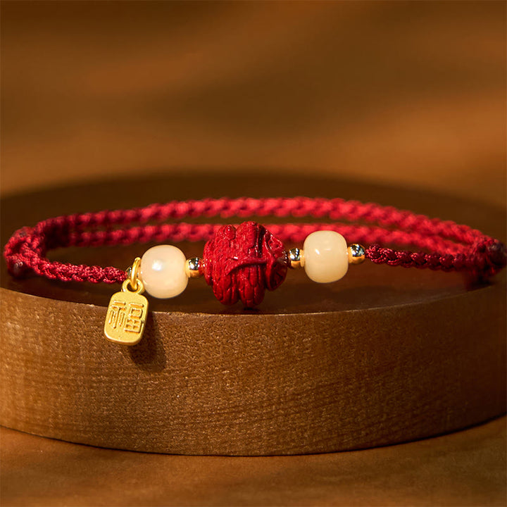 Buddha Stones Natural Cinnabar Chinese Zodiac Hetian Jade Fu Character Luck Rope Bracelet