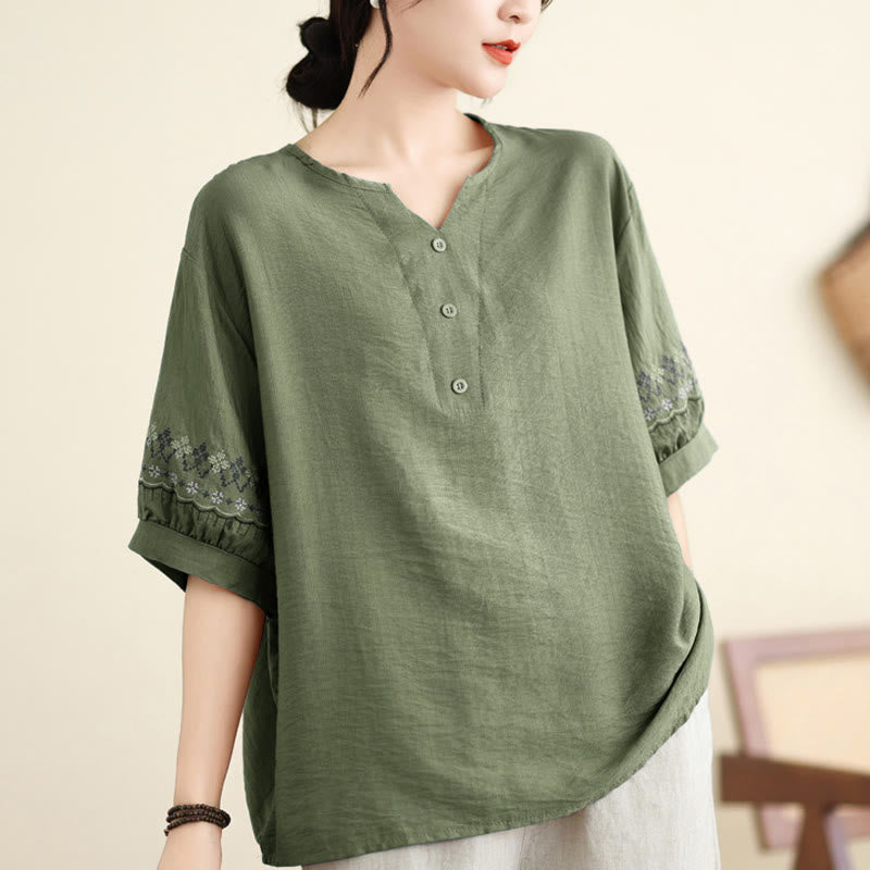 Buddha Stones Vintage Half Sleeve Embroidery Design Cotton Linen T-shirt Tee - DarkSeaGreen - US4-6，UK/AU8-10，EU36-38 (F) - image 0