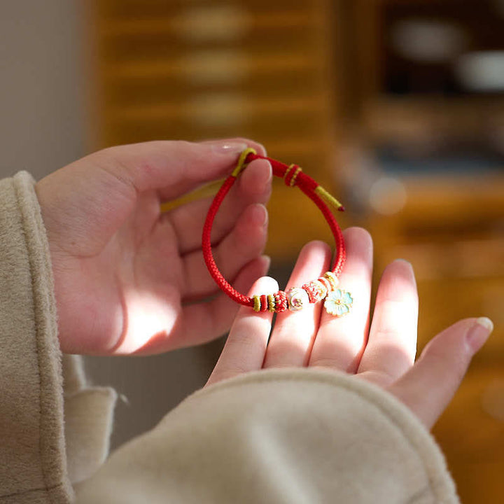 Buddha Stones Red String Gold Plated Copper Peach Blossom Yi Fan Feng Shun Protection Braided Bracelet