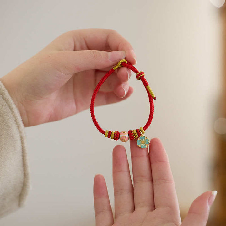 Buddha Stones Red String Gold Plated Copper Peach Blossom Yi Fan Feng Shun Protection Braided Bracelet