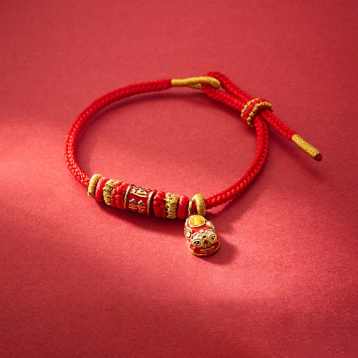 Buddha Stones Red String Gold Plated Copper Shi Lai Yun Zhuan Shoe Pendant Protection Braided Bracelet