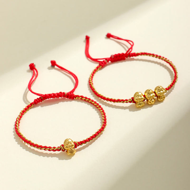 Buddha Stones Handmade 999 Sterling Silver Golden Year Of Snake Fu Auspicious Clouds Ingot Copper Coins Red String Fortune Braided Bracelet