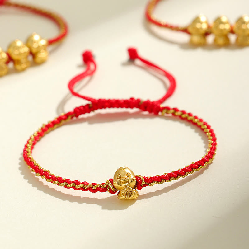 Buddha Stones Handmade 999 Sterling Silver Golden Year Of Snake Fu Auspicious Clouds Ingot Copper Coins Red String Fortune Braided Bracelet