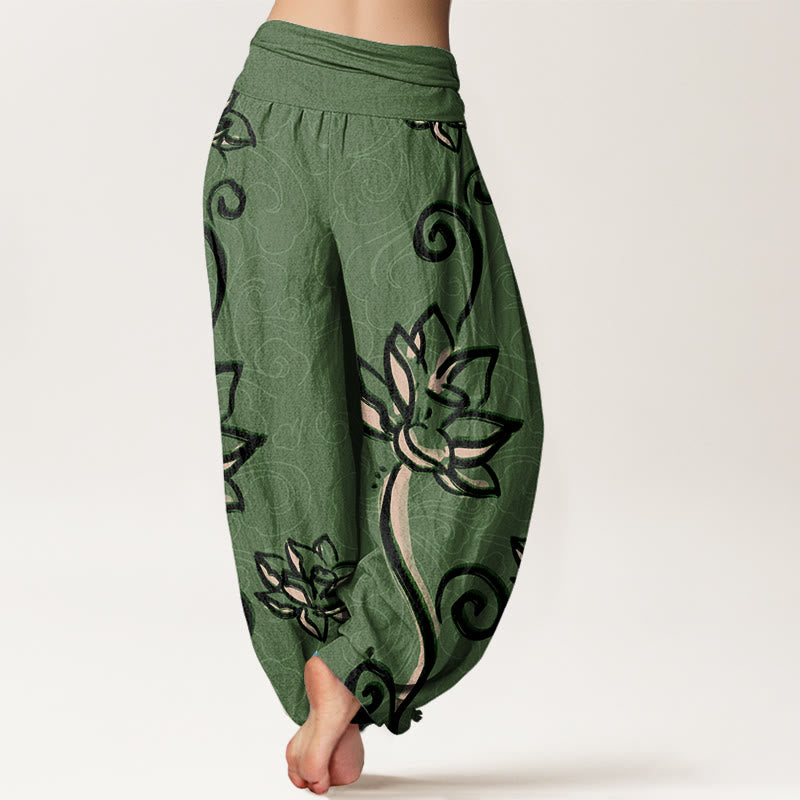 Buddha Stones Casual Lotus Auspicious Clouds Design Women's Elastic Waist Harem Pants