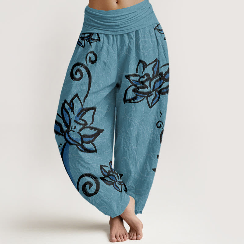 Buddha Stones Casual Lotus Auspicious Clouds Design Women's Elastic Waist Harem Pants - MediumTurquoise - US22，UK/AU26，EU54 (6XL) - image 5