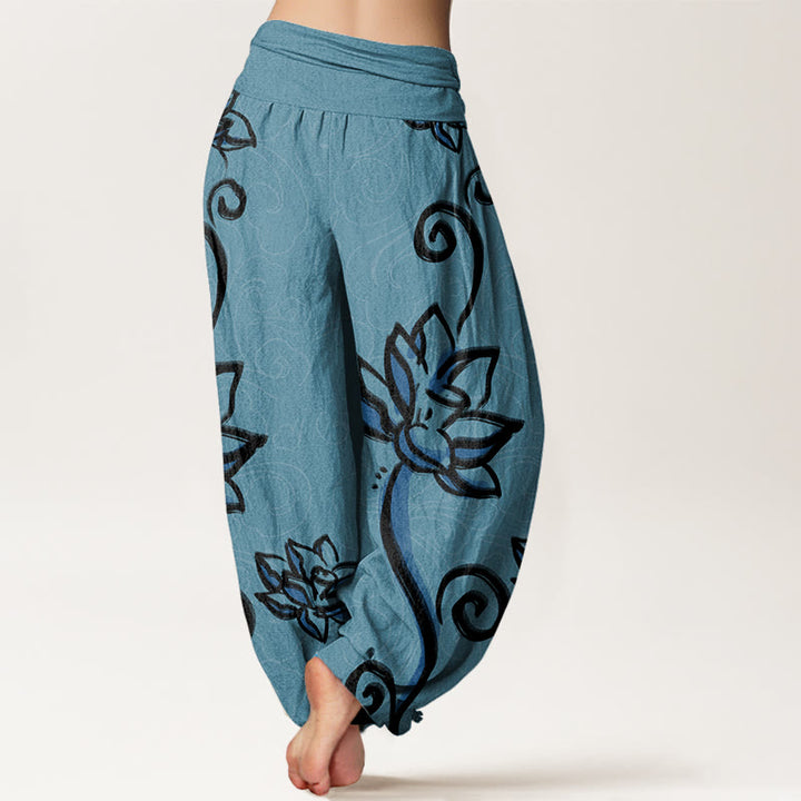 Buddha Stones Casual Lotus Auspicious Clouds Design Women's Elastic Waist Harem Pants