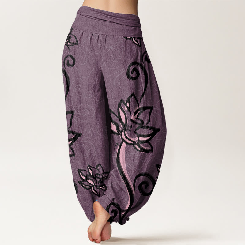 Buddha Stones Casual Lotus Auspicious Clouds Design Women's Elastic Waist Harem Pants