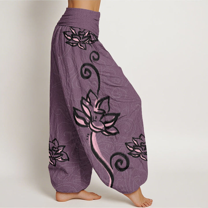 Buddha Stones Casual Lotus Auspicious Clouds Design Women's Elastic Waist Harem Pants