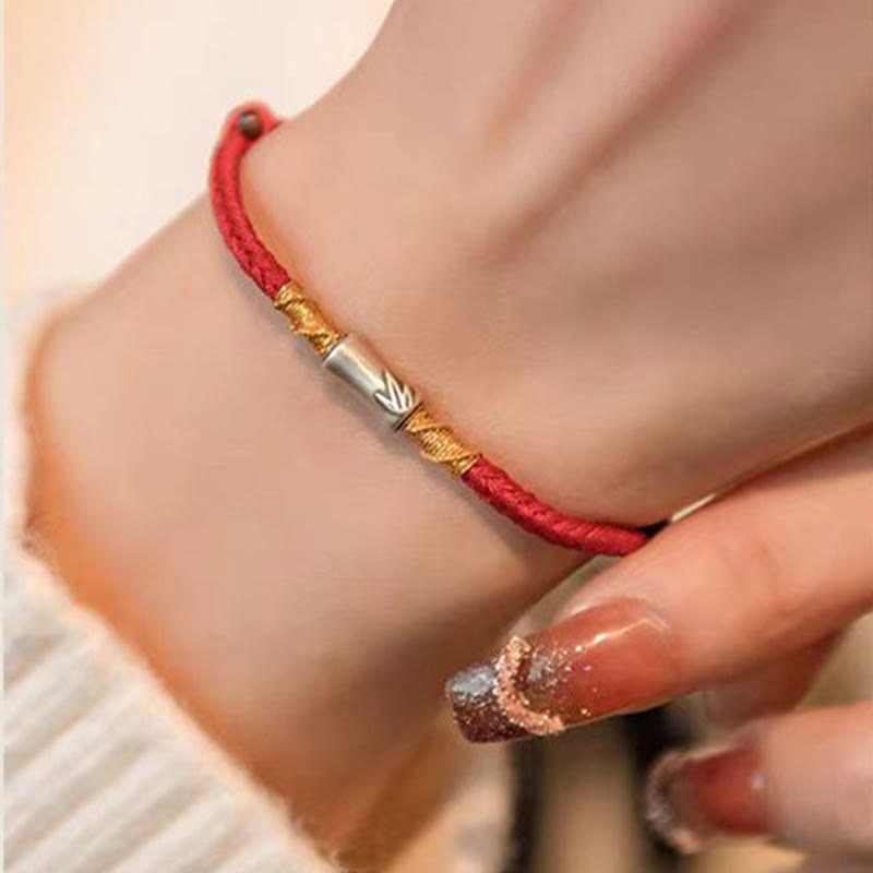 Buddha Stones Handmade 925 Sterling Silver Bamboo Design Red String Luck Braided Bracelet