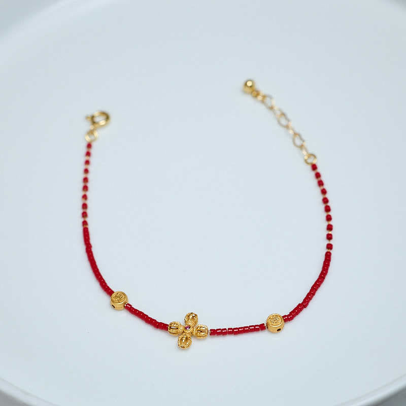 Buddha Stones 24k Gold Plated 925 Sterling Silver Liuli Glass Bead PiXiu Four Leaf Clover Joy And Happiness Wealth Bracelet