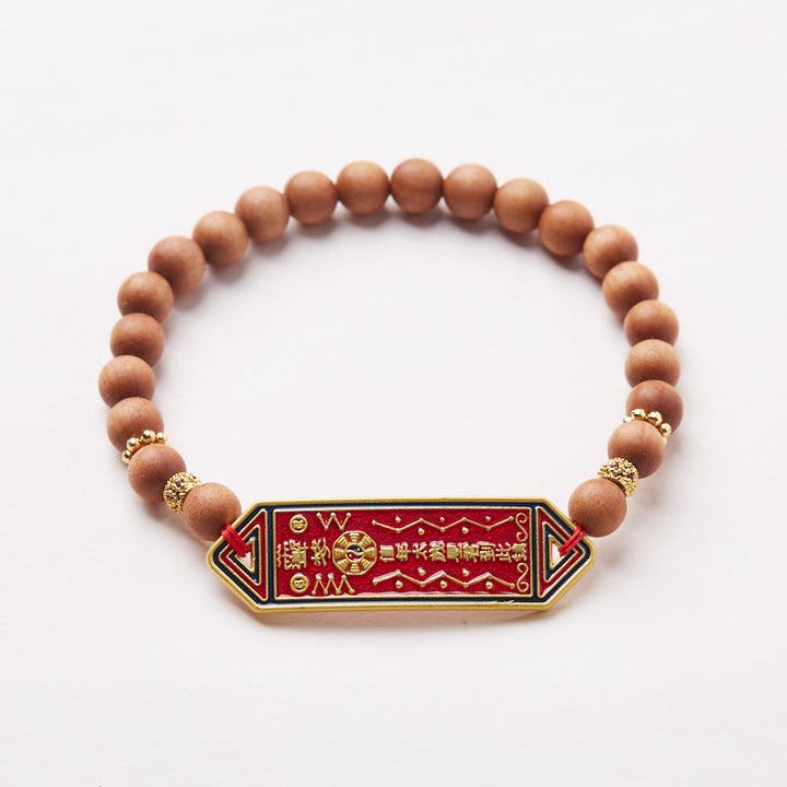 Buddha Stones Sandalwood Wood Bead Gold Plated Copper Bagua Yin Yang Chinese Character Harmony Bracelet