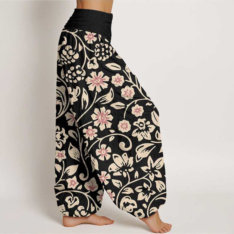 Buddha Stones Casual Beige Pink Flowers Grapes Design Women's Elastic Waist Harem Pants