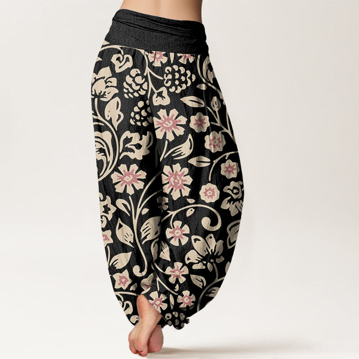 Buddha Stones Casual Beige Pink Flowers Grapes Design Women's Elastic Waist Harem Pants