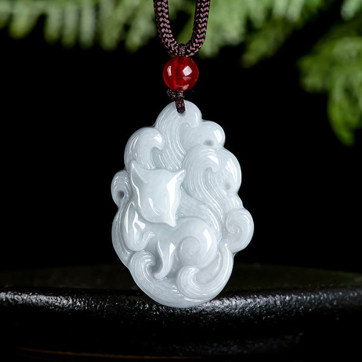 Buddha Stones Natural Jade Nine-tailed Fox Luck Necklace Pendant