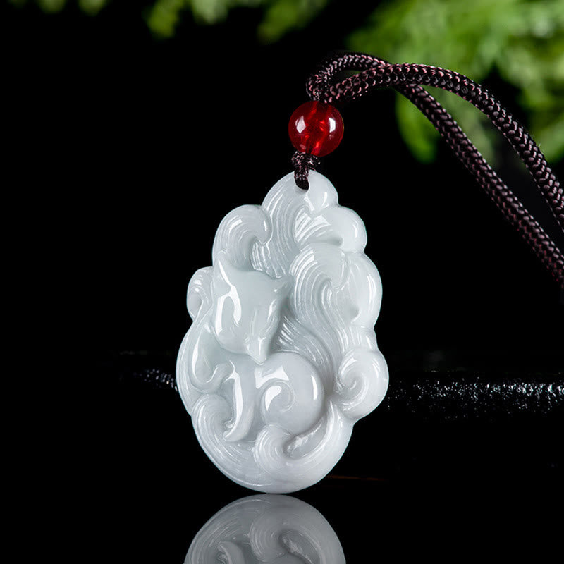 Buddha Stones Natural Jade Nine-tailed Fox Luck Necklace Pendant