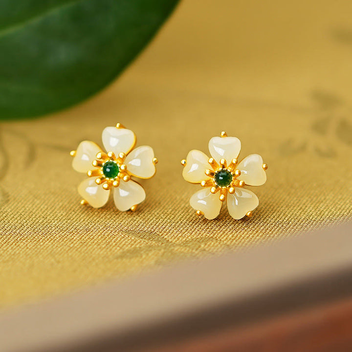 Buddha Stones 925 Sterling Silver Gold Hetian Jade Green Chalcedony Peach Blossom Luck Earrings