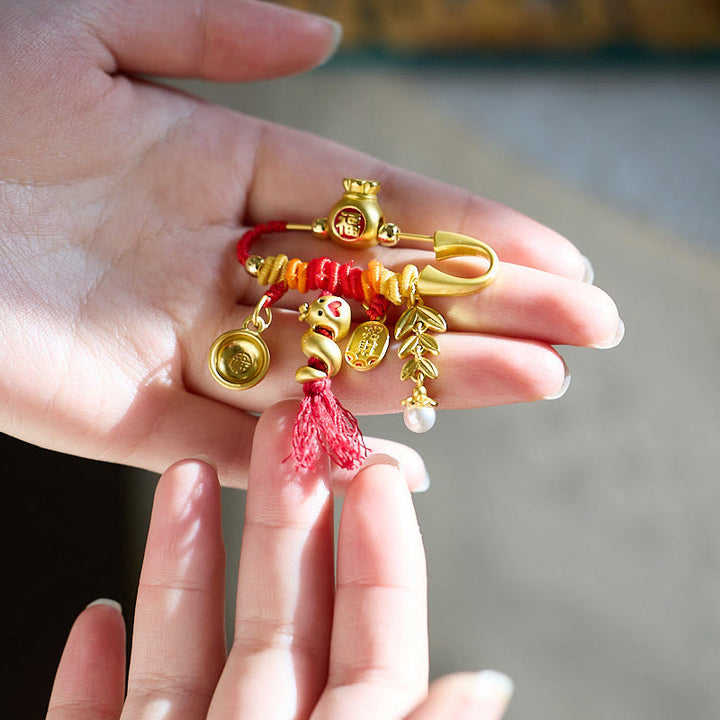 Buddha Stones Copper Year Of The Snake Tassels String Spike Fu Bowl Lucky Fortune Bag Brooch