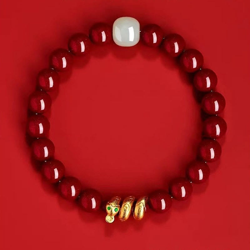 Buddha Stones Cinnabar Bead Hetian Jade Year Of The Snake Blessing Bracelet