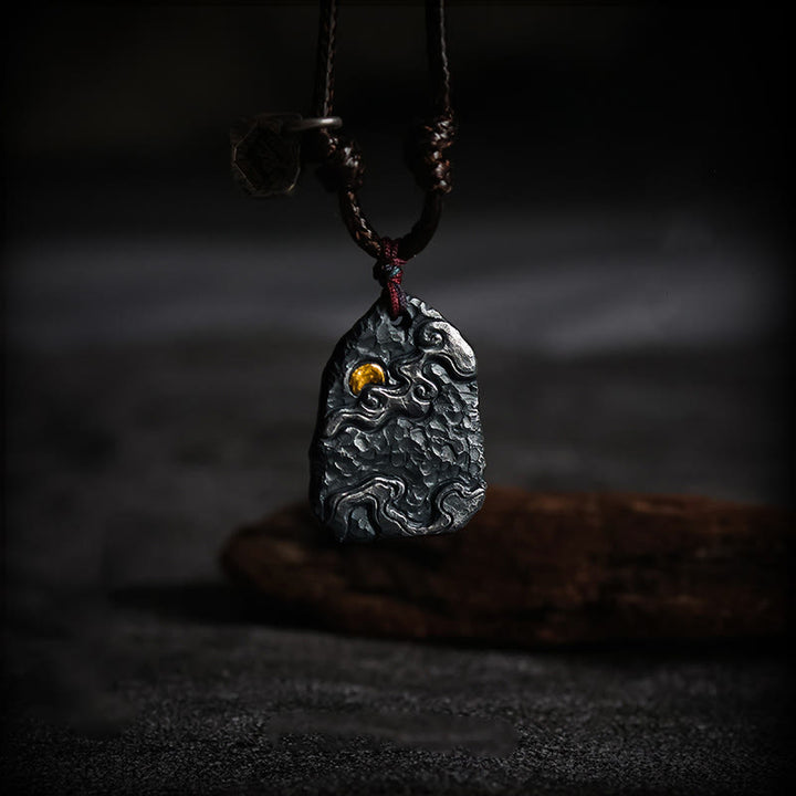 Buddha Stones 999 Sterling Silver 24k Gold Auspicious Clouds Protection Necklace Pendant - 999 Sterling Silver Wax Rope - image 0