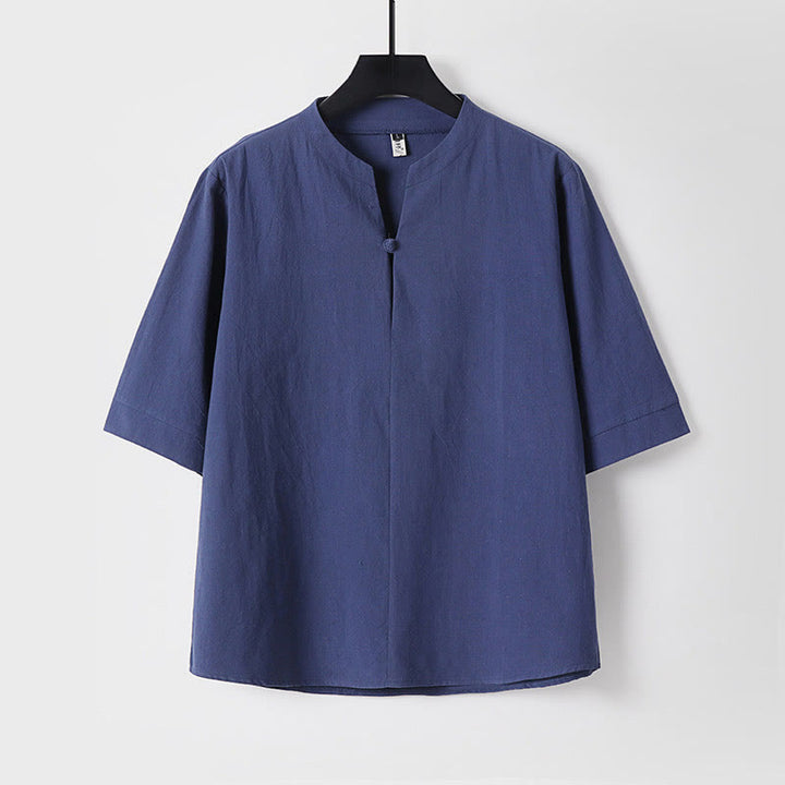 Buddha Stones Plain Color Three Quarter Sleeve One Button Cotton Linen Men's Shirt - DarkBlue - US/UK/AU54，EU64 (9XL) - image 4