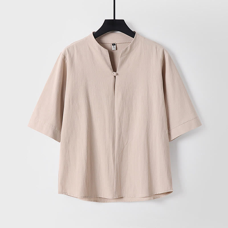 Buddha Stones Plain Color Three Quarter Sleeve One Button Cotton Linen Men's Shirt - Wheat - US/UK/AU54，EU64 (9XL) - image 3