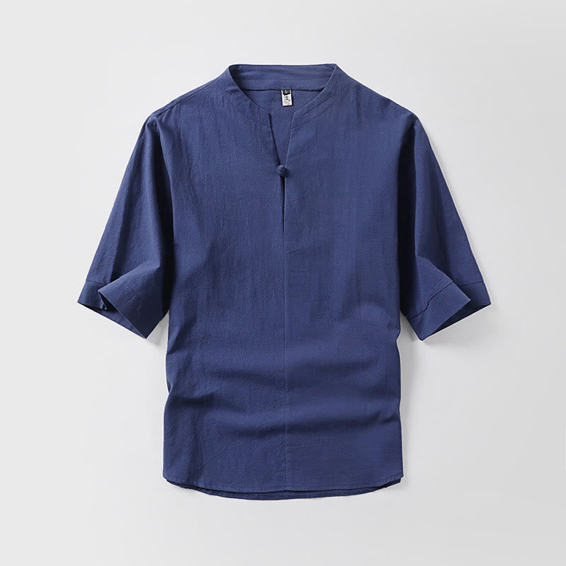 Buddha Stones Casual Plain Color One Button Three Quarter Sleeve Cotton Linen Men's Shirt - DarkBlue - US/UK/AU54，EU64 (9XL) - image 6