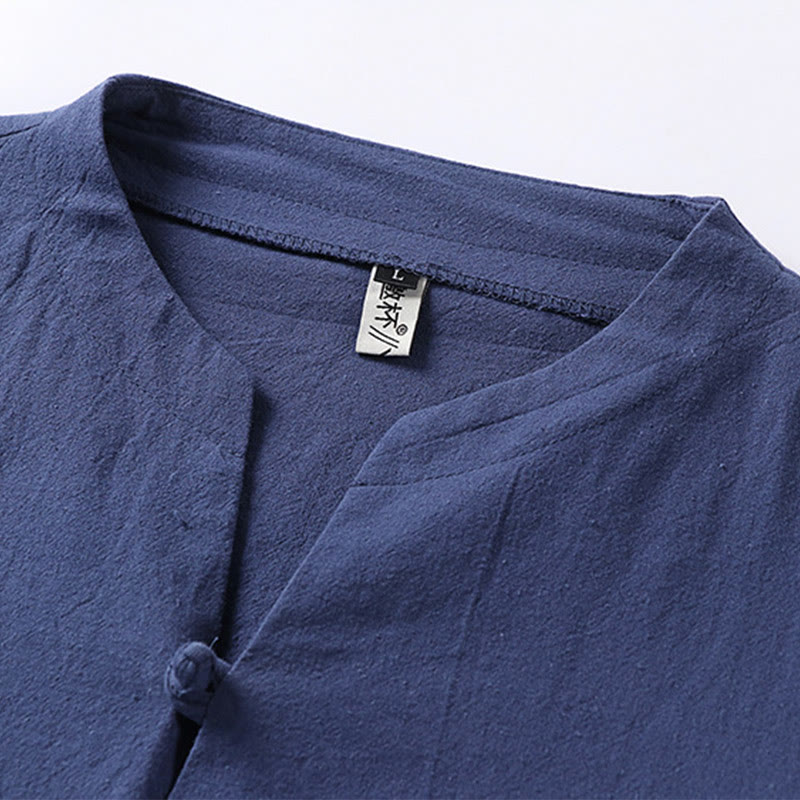 Buddha Stones Casual Plain Color One Button Three Quarter Sleeve Cotton Linen Men's Shirt - image 8